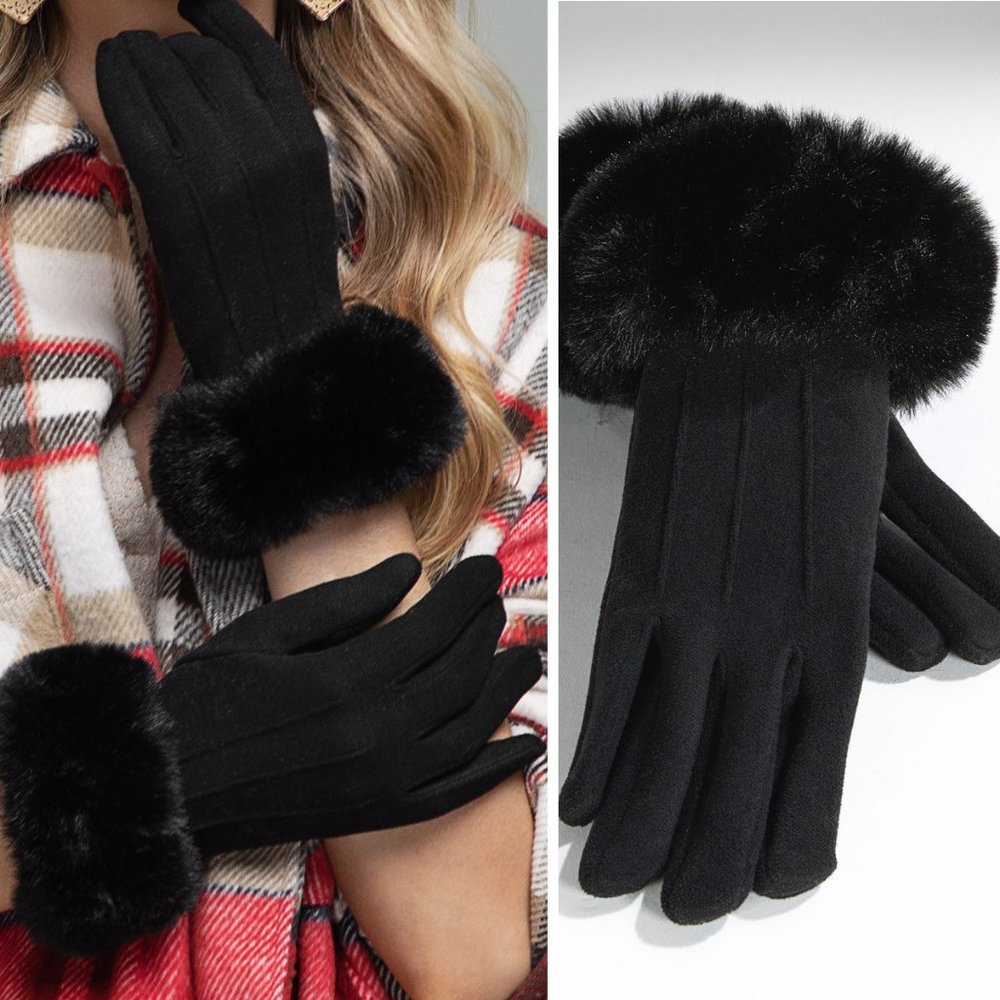 2 PACK: Black faux fur vegan suede soft warm comfy winter gloves